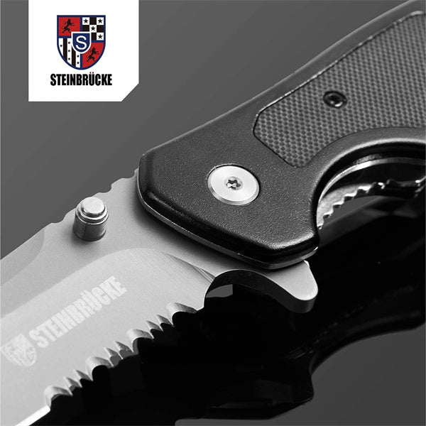 Steinbrücke EDC Knife Pocket Knife - 3.4'' Sandvik 14C28N Knife Stainless Steel Serrated Blade, G10 Aluminum Handle with Glass Breaker