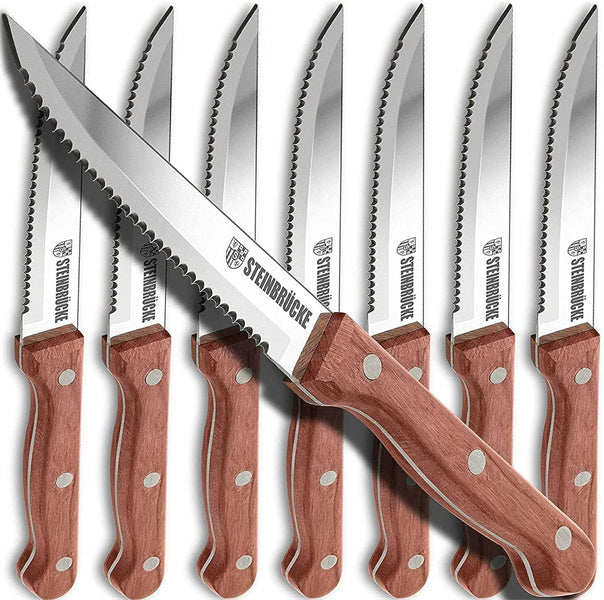 SteinbrUcke Steak Knife 8 Piece Steak Knives Serrated Blade Built 5Cr15Mov Stainless Steel Hrc57-58 Hardness Razor Sharp